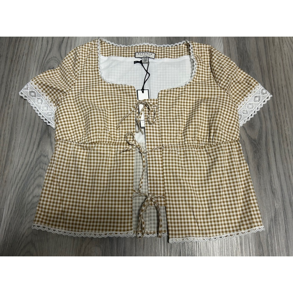 Bagatelle Womens Gingham Lace Trim Tie Front Top Cotton Blend XS Tan White